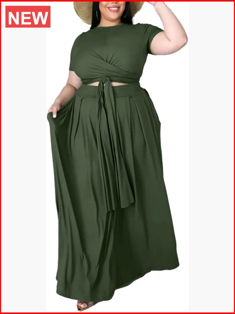 Plus Size 2 Piece Maxi Skirt Set Crop Top Self Tie Waist Pleated Short Sleeve